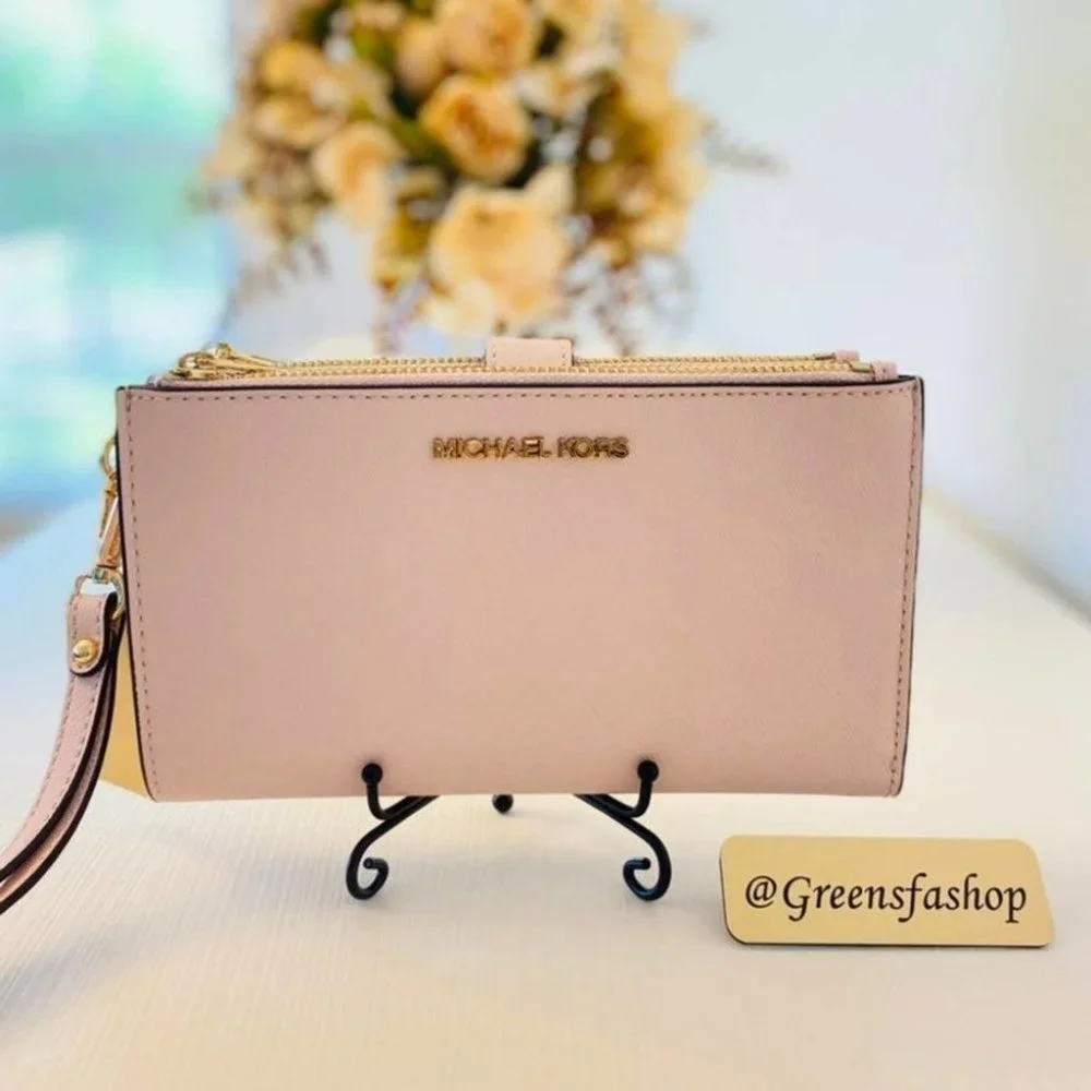 Michael Kors wallet double zip leather wristlet pink